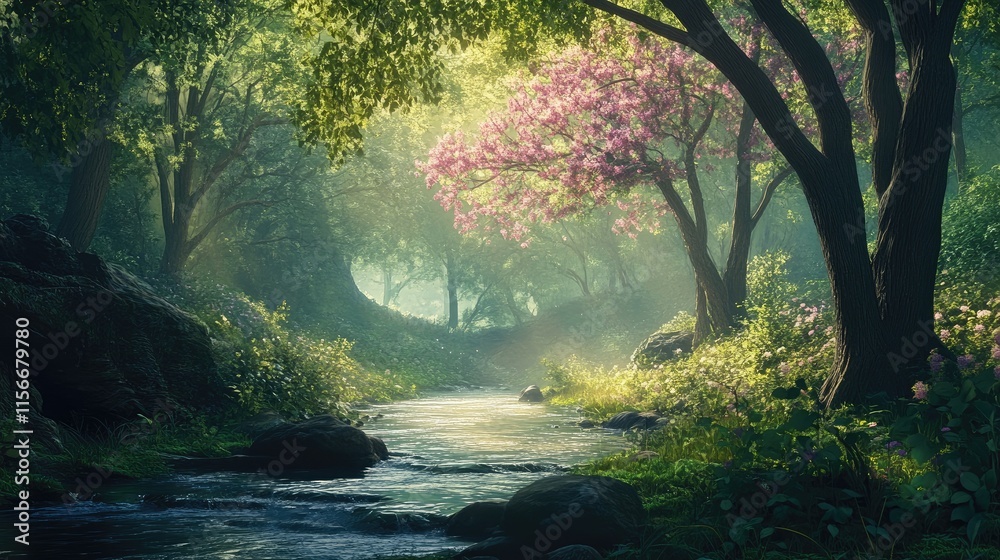 Aufkleber lush forest with tranquil stream and blooming trees under soft sunlight creating a serene natural la