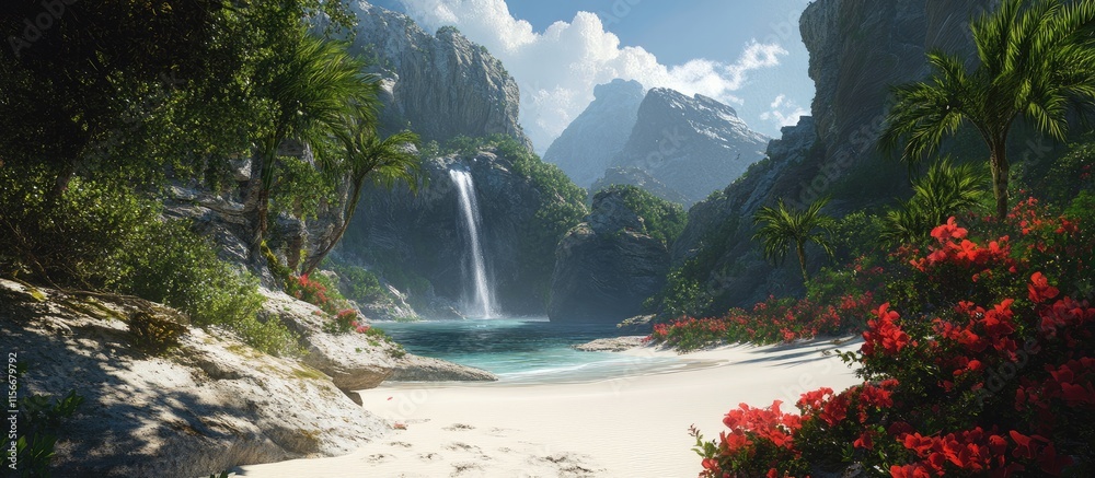 Poster serene tropical landscape with pristine white sands cascading waterfall and lush greenery in a tranq