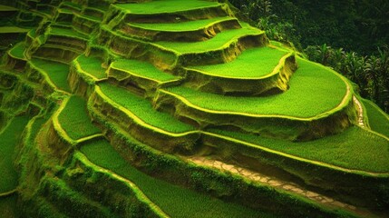 Stunning sunrise over lush tropical rice terrace fields showcasing intricate layering and vibrant green hues in a serene landscape.