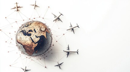 Globe with interconnected airplanes forming a network of travel paths around it, showcasing international connectivity, on a white background.