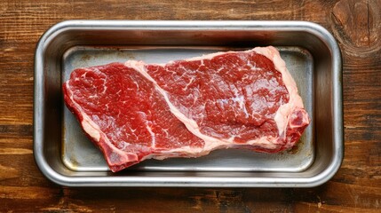 Raw Tri Tip beef steak in stainless steel tray on wooden surface top view high quality prime meat for grilling or culinary dishes