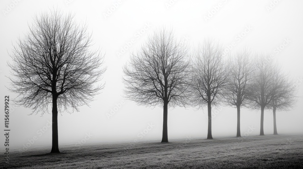 Poster barren trees silhouetted against a foggy landscape creating a serene and atmospheric winter scene