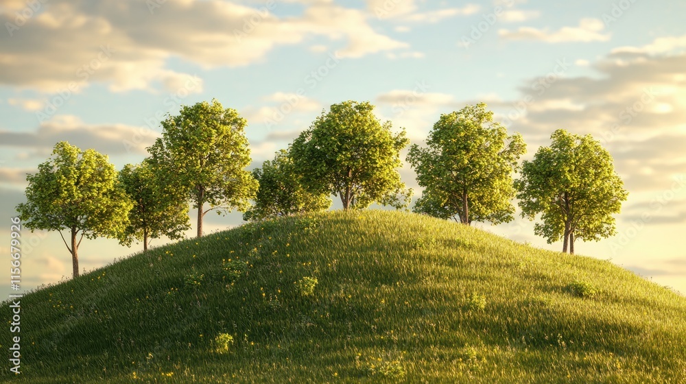 Aufkleber lush green hill with vibrant trees under a clear sky creating a serene garden landscape scene for re