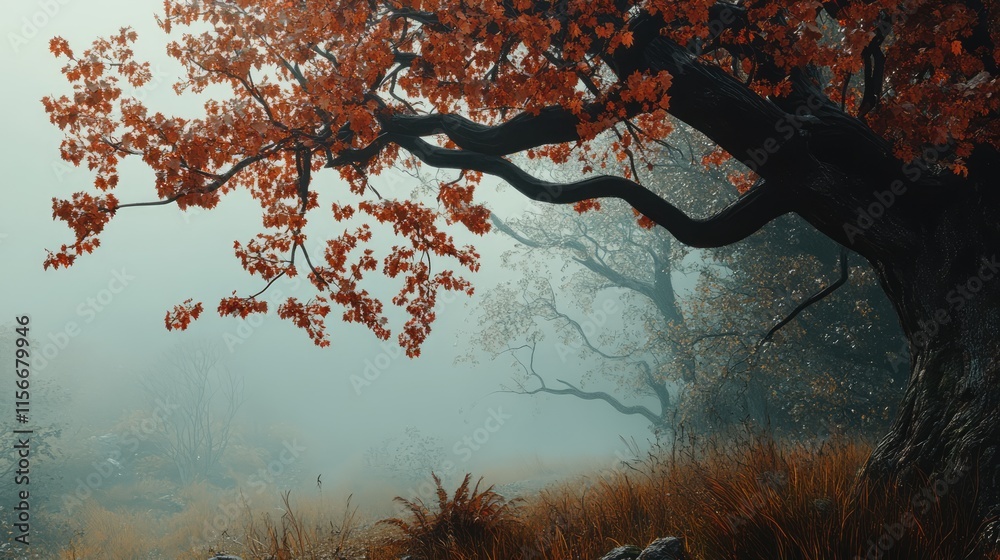 Poster autumn foliage with misty landscape and bare branches showcasing vibrant orange and red leaves in a 