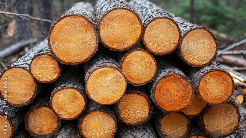 Aufkleber sawn tree trunks in a forest setting surrounded by conifer branches and twigs showcasing natural woo