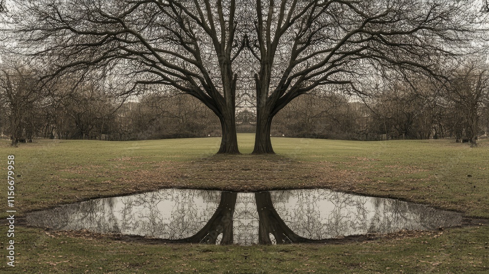 Poster symmetrical tree reflection in still water surrounded by a serene natural landscape on a cloudy day