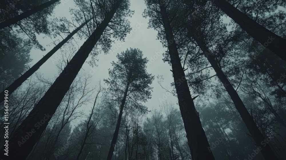 Poster majestic tall trees reaching towards the sky in a misty forest creating a serene and tranquil atmosp
