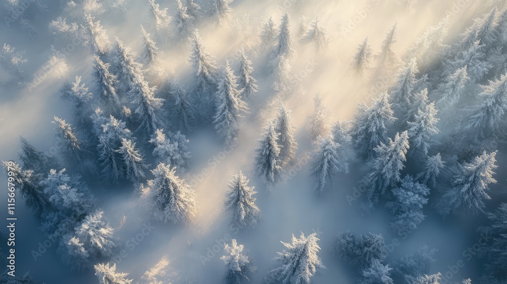 Poster frosted trees in a serene snowy forest creating a peaceful winter landscape with soft light and mist
