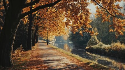Naklejka premium Autumn pathway lined with vibrant trees and reflections on a tranquil waterway creating a serene natural landscape scene