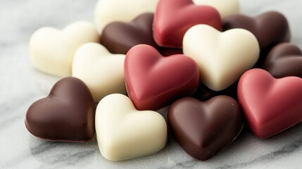 A colorful assortment of heart-shaped chocolates in white, milk, and dark varieties, ideal for gifting or sharing on special occasions.