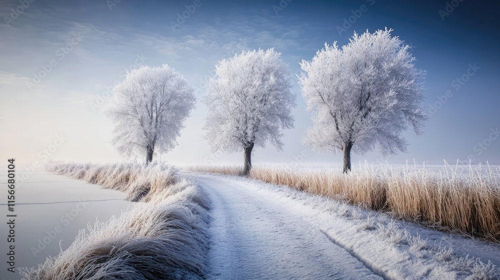 Poster Winter landscape with frosted trees along a serene pathway in a tranquil snowy environment under a clear blue sky