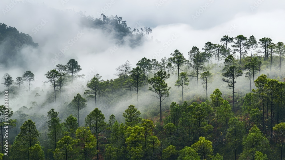 Poster Misty forest landscape with lush green trees enveloped in soft fog creating a serene and tranquil atmosphere.