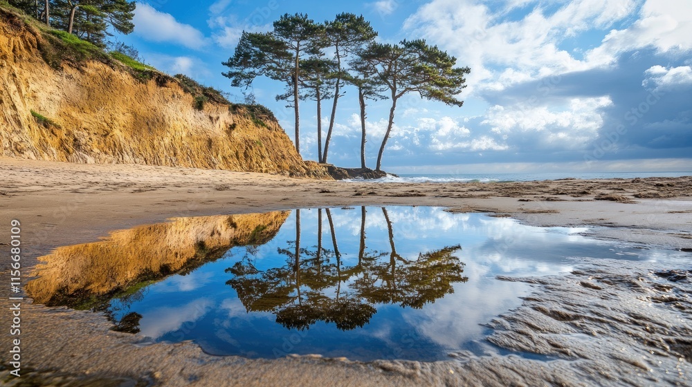 Poster clifftop trees majestically reflected in a tranquil water pool on a sandy beach under a picturesque 
