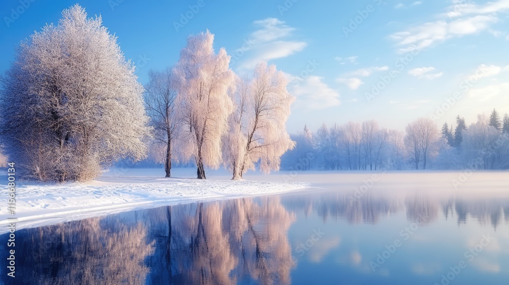 Poster winter landscape with frosted trees and mist over calm water reflecting a serene snowy park on a tra