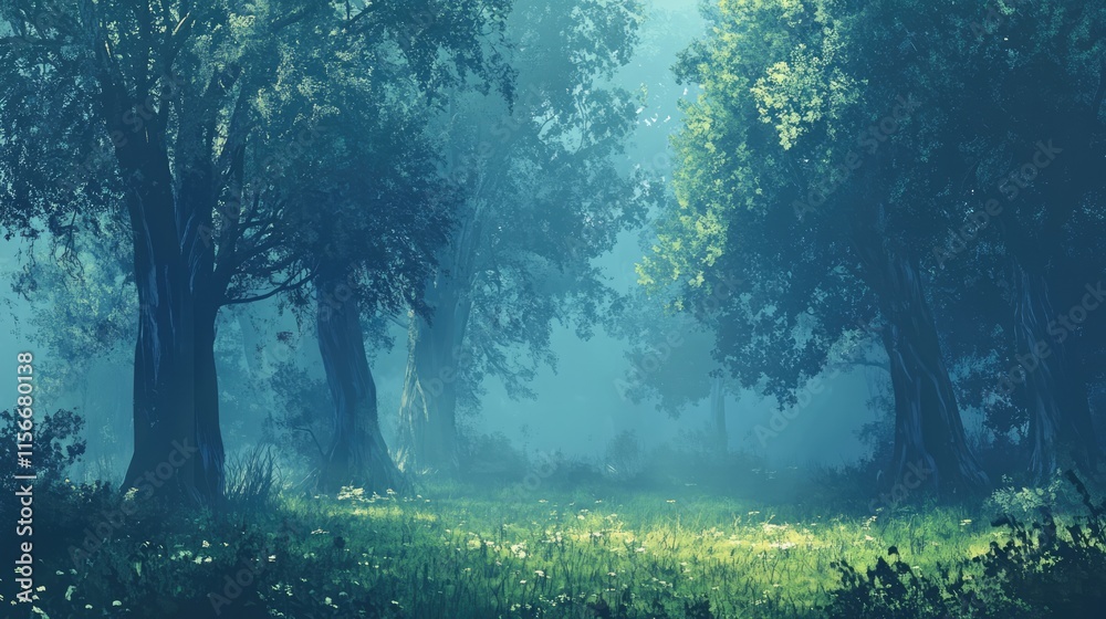 Aufkleber Misty forest scene with tall trees and soft sunlight illuminating the lush green meadow creating a serene and tranquil atmosphere