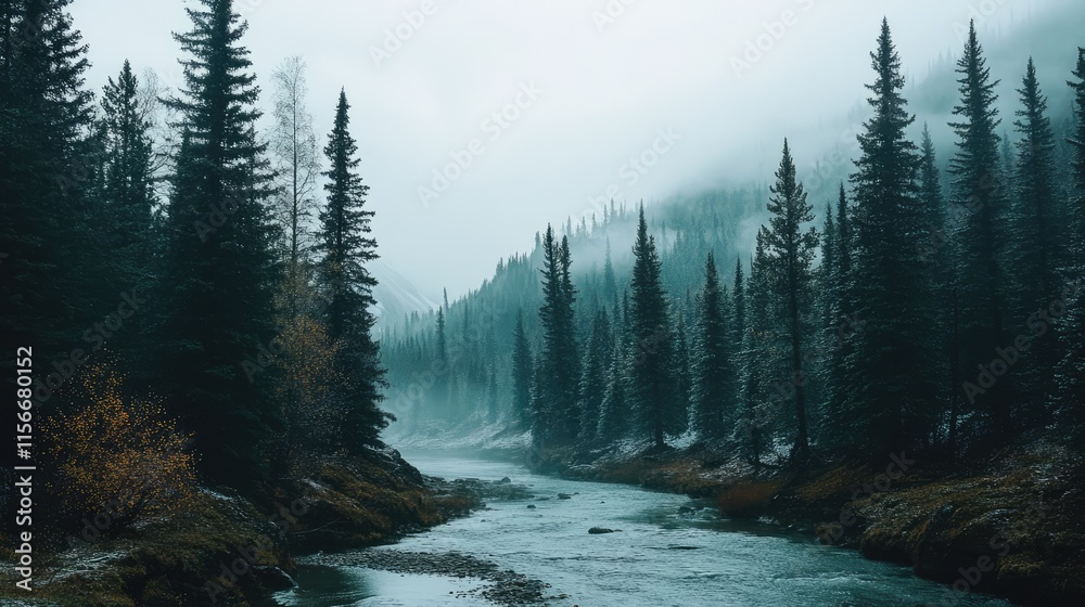 Poster Serene forest landscape with towering pine trees and a misty river flowing through a tranquil wilderness environment