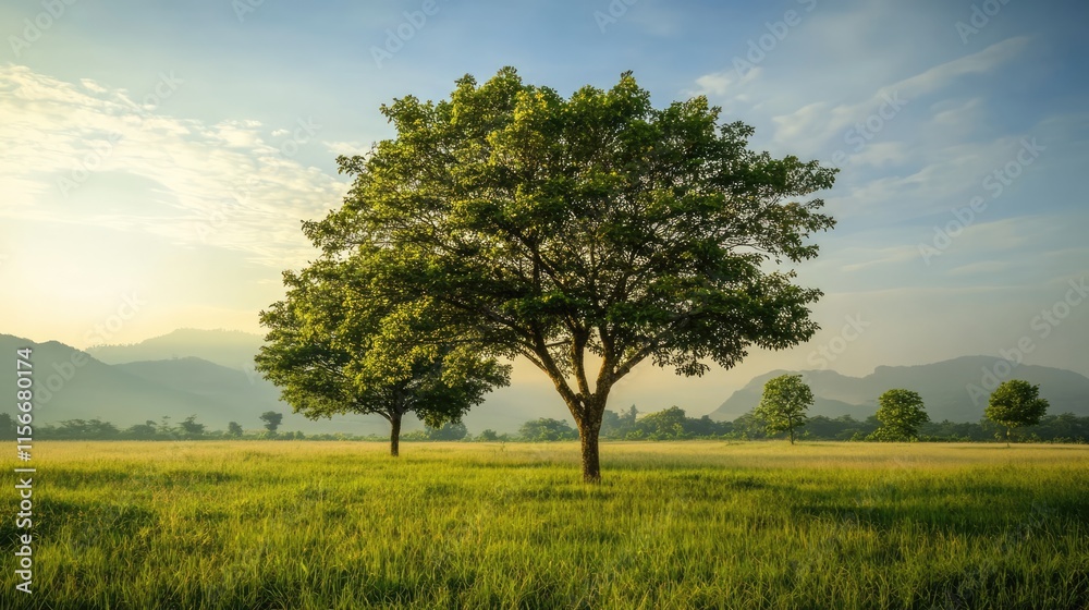 Poster lush green trees standing majestically in a serene landscape under a bright sky with distant mountai