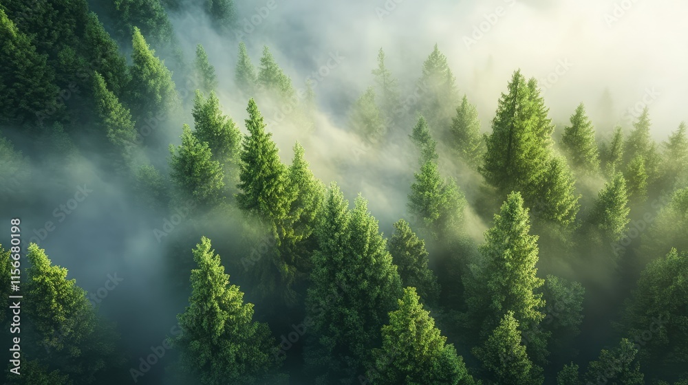 Aufkleber Lush evergreen trees emerging from ethereal mist in a serene morning forest landscape creating a tranquil and mystical atmosphere