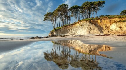 Clifftop Trees Reflecting in Tranquil Pool at Sandy Beach Under Dramatic Sky