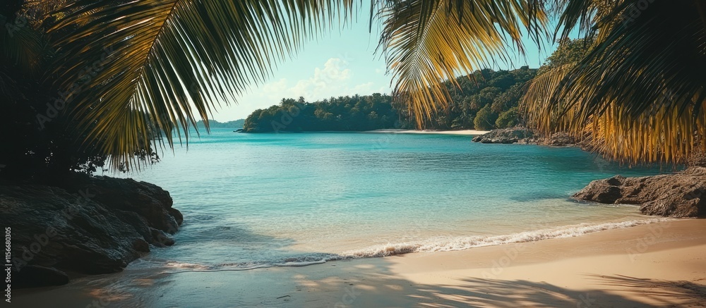 Aufkleber tranquil tropical beach view framed by palm trees with clear blue waters and a serene bay in the bac