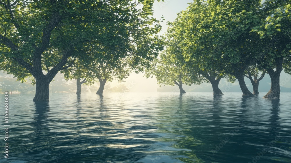 Poster serene landscape featuring lush green trees partially submerged in tranquil water reflecting soft mo