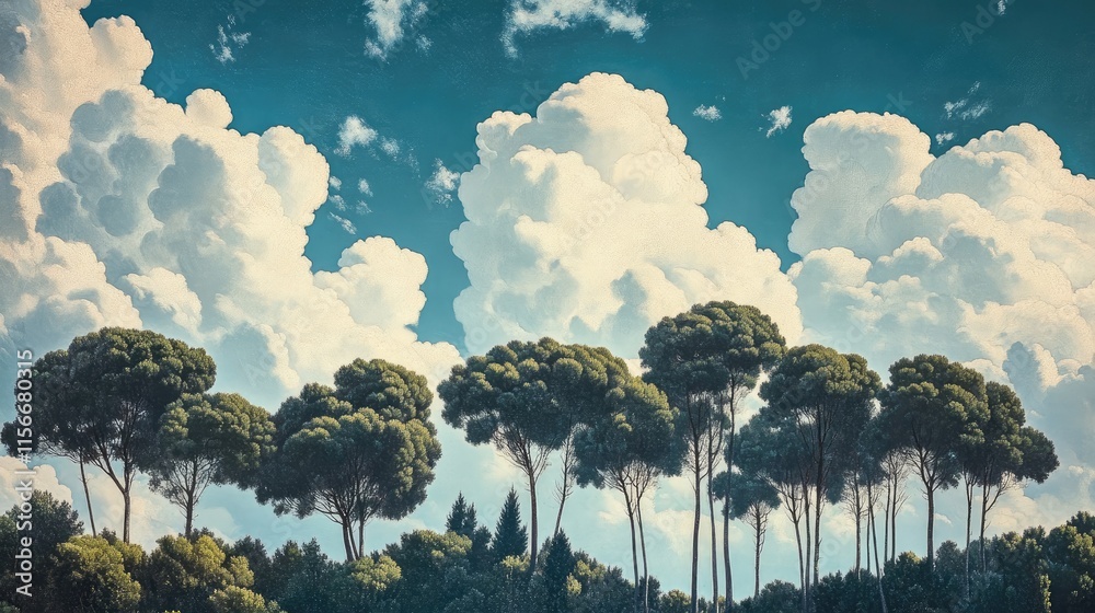 Poster trees against a vibrant sky with fluffy clouds showcasing a classic landscape composition and rich c