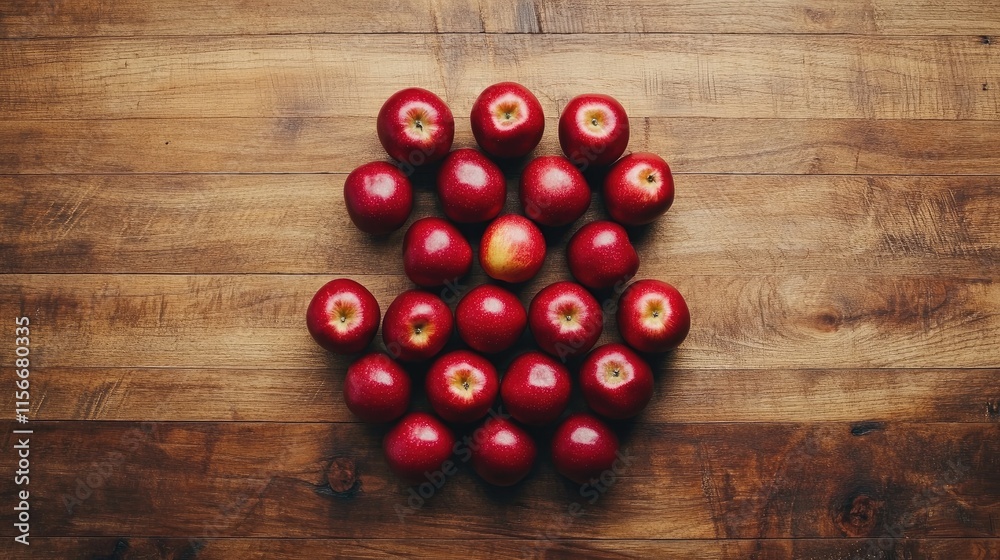 Poster triangle arrangement of fresh red apples on a rustic wooden surface showcasing natural textures and 
