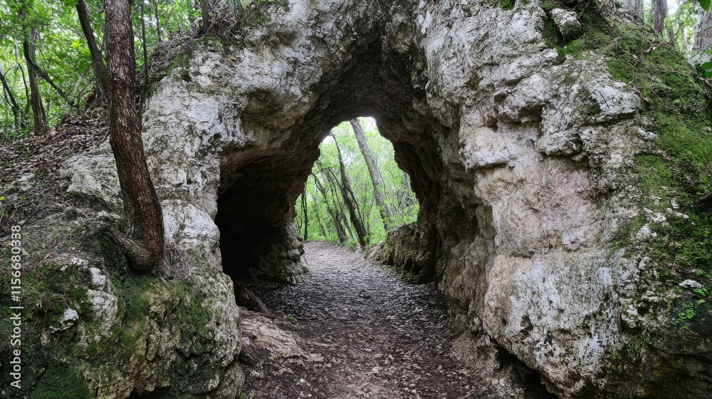 Poster Natural stone archway tunnel surrounded by lush green trees inviting exploration along a scenic walking path in a tranquil forest setting.