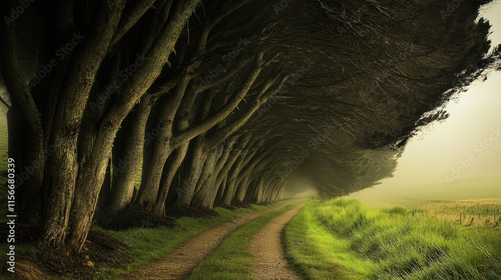 Aufkleber Mysterious pathway lined with trees creating an enchanting natural atmosphere in a foggy landscape.