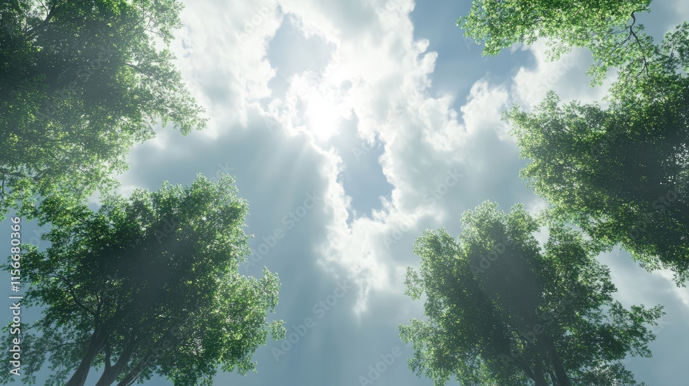 Poster lush green trees reaching towards a bright cloudy sky with sun rays illuminating the serene natural 
