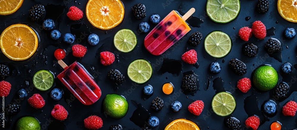 Poster homemade fruit popsicles with vibrant berries and citrus on a dark surface overhead view refreshing 