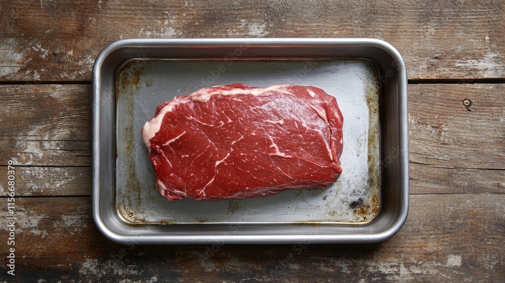 Poster raw tri-tip beef steak in stainless steel tray on rustic wooden background top view prime quality me