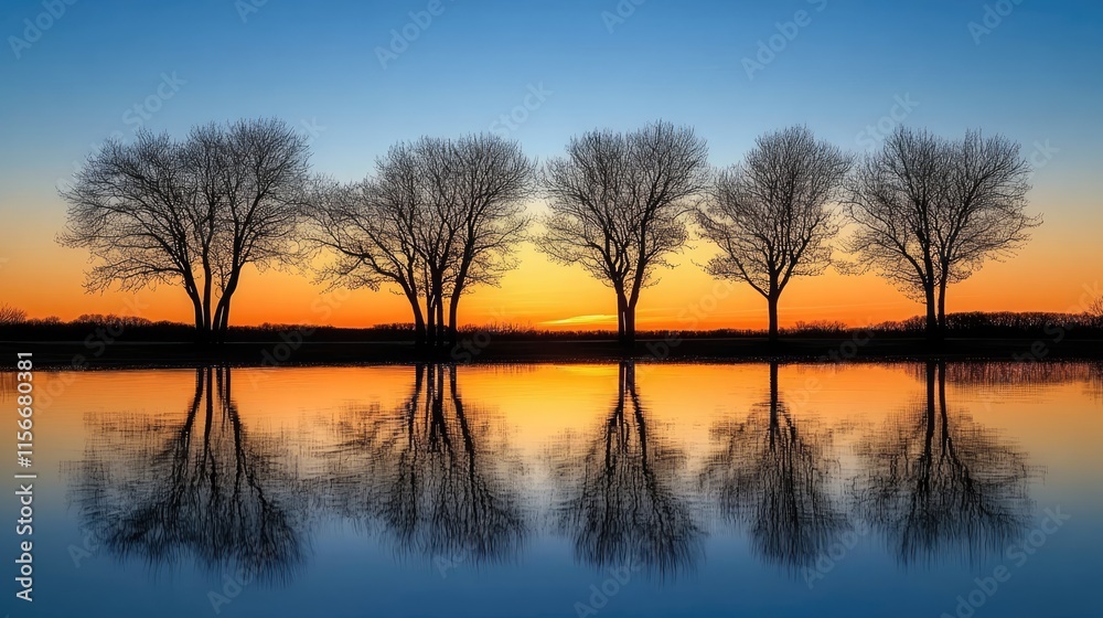 Poster serene sunset reflection of barren trees on calm water creating a tranquil landscape scene in nature