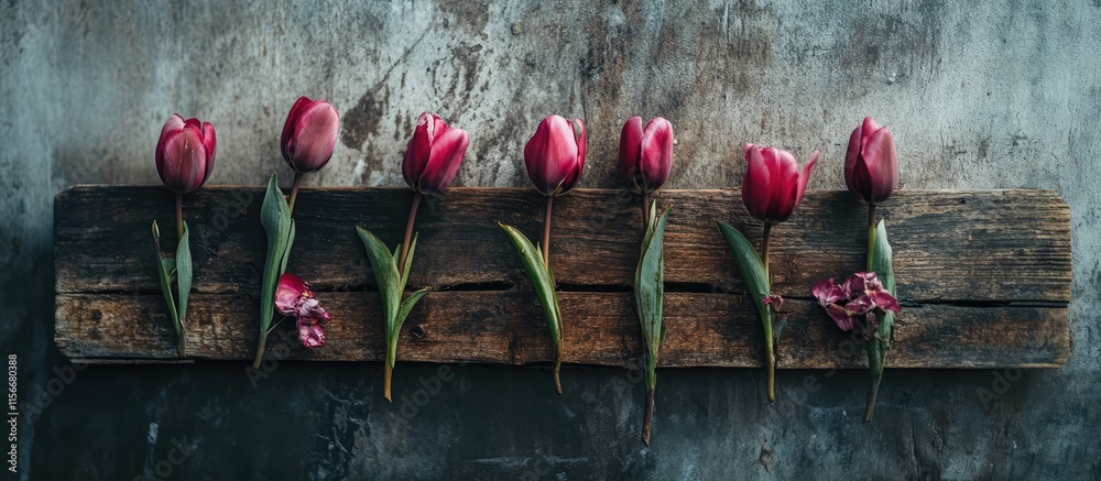 Aufkleber Elegant tulips arranged on rustic wooden boards creating a charming and serene floral backdrop for various design projects.