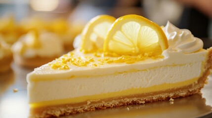 Delicious lemon pie with creamy filling and fresh lemon slices on top, perfect for dessert lovers and summer gatherings.