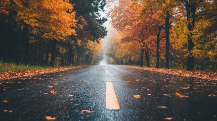 Autumn trees lining a wet road with fallen leaves creating a serene and picturesque landscape for nature lovers and travel enthusiasts.
