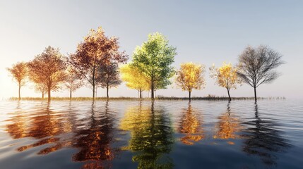 Obraz premium Colorful trees reflected in calm river waters during autumn showcasing vibrant seasonal hues and serene nature landscape.