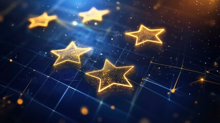 Glowing golden stars on dark grid background.