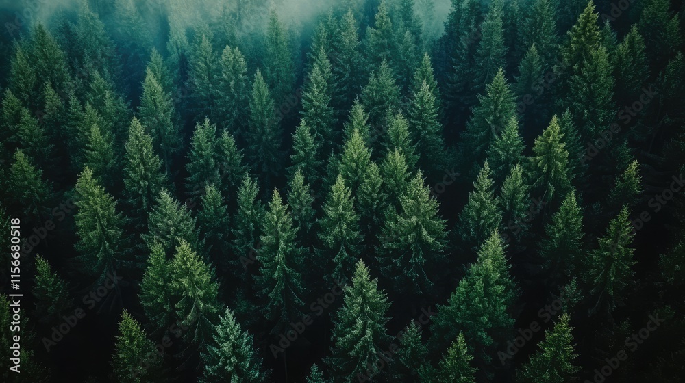 Aufkleber morning forest landscape with dense evergreen trees and mist creating a serene natural atmosphere fo