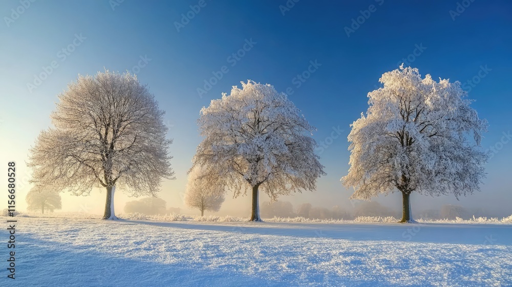 Poster winter landscape with frosted trees under a blue sky creating a serene and tranquil atmosphere in na
