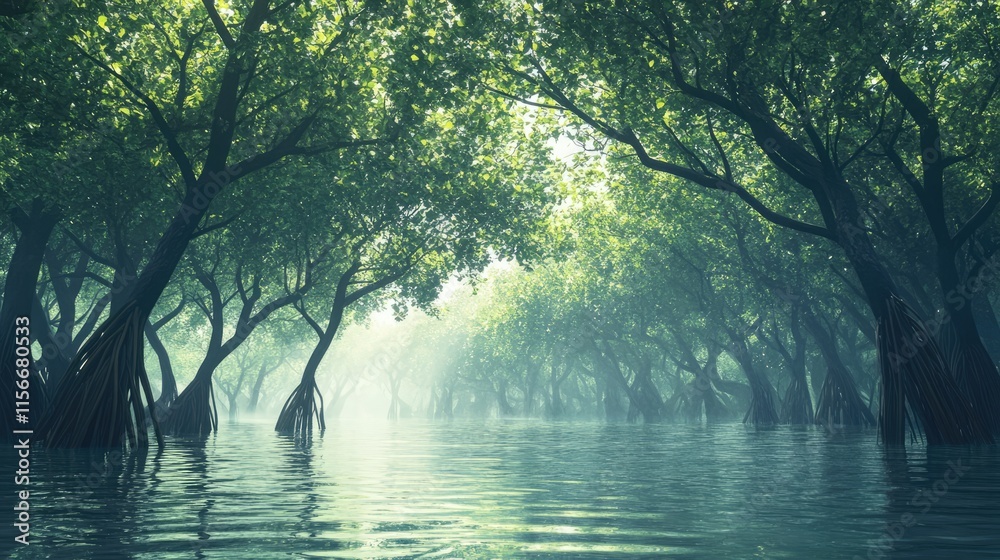 Aufkleber lush mangrove forest with vibrant tree branches reflected in tranquil freshwater river under soft su