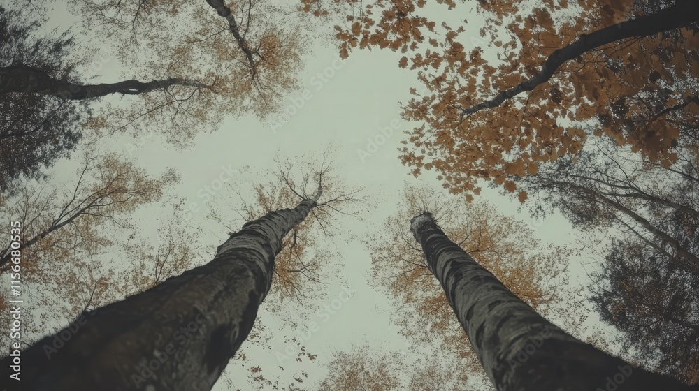 Aufkleber Autumn foliage viewed from below with tall trees reaching towards the sky in a serene forest setting