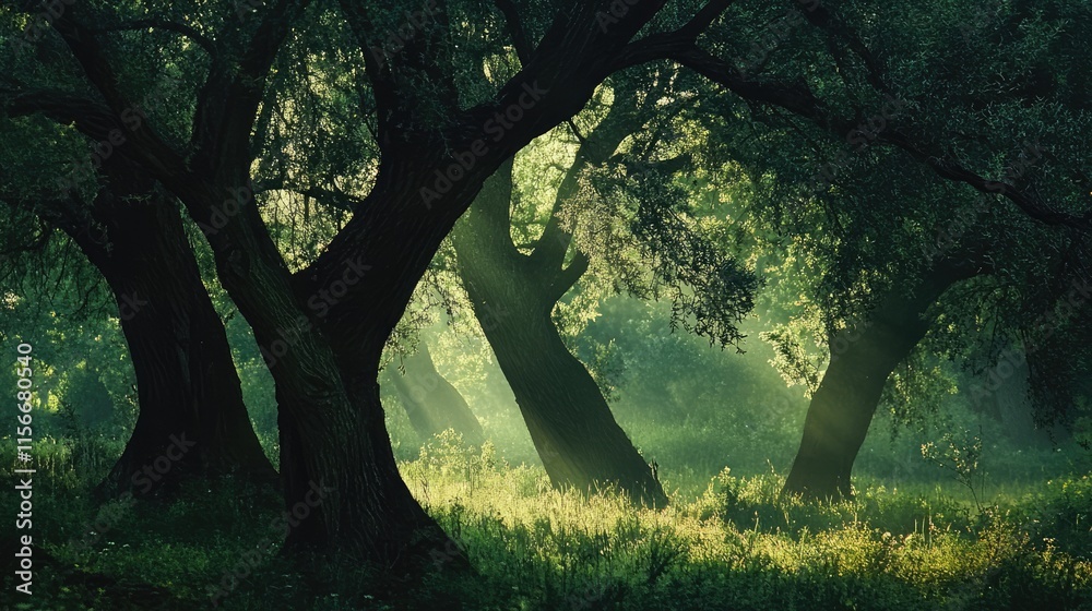 Aufkleber sunlight filtering through lush green forest with majestic trees and soft grass underfoot