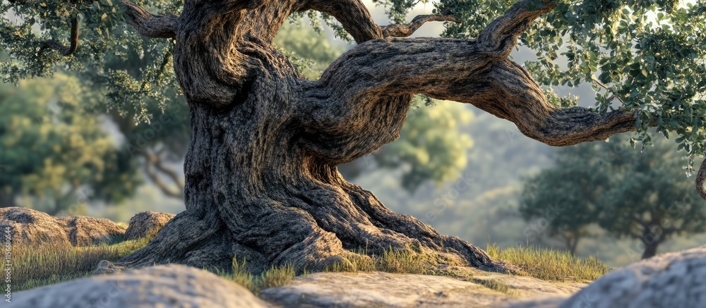 Poster Ancient oak tree trunk with textured bark and surrounding lush greenery in a peaceful natural setting.