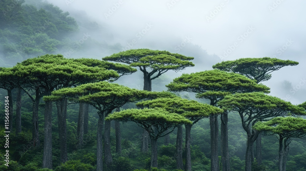 Poster cypress trees in misty cloud forest showcasing natural beauty and biodiversity in a protected reserv