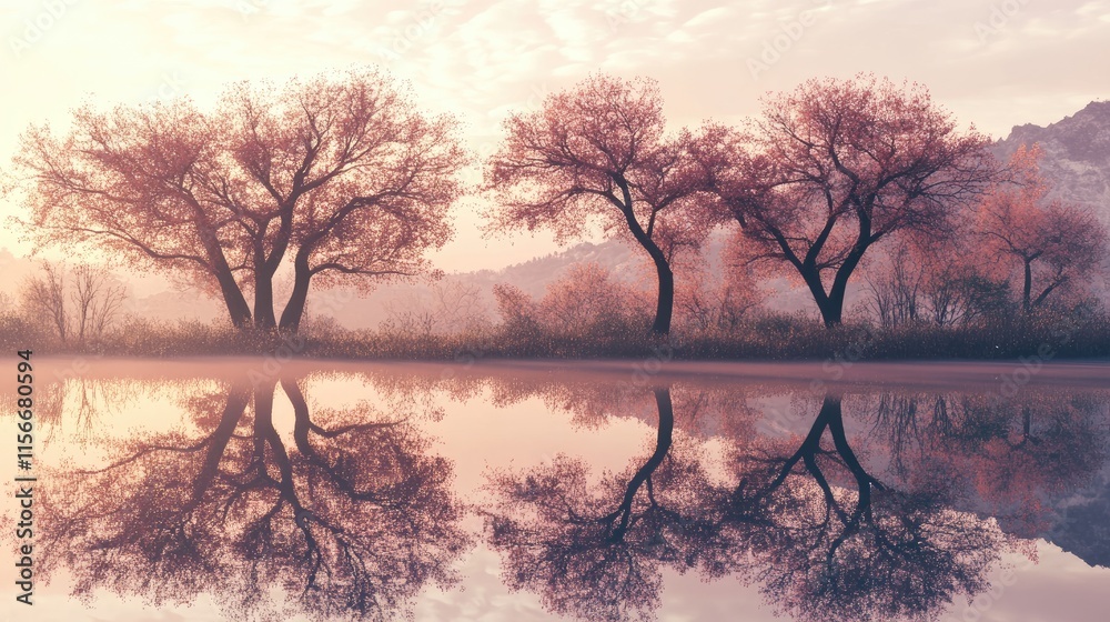 Poster serene sunrise with trees reflecting on calm lake surface creating a tranquil natural landscape atmo