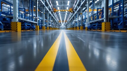 Modern warehouse interior with polished floors and yellow guiding lines.