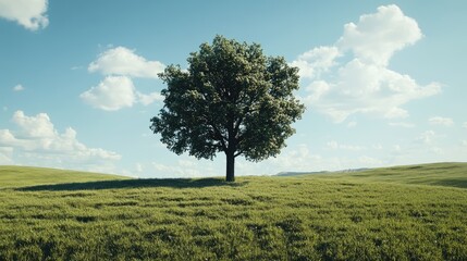 Obraz premium Lone tree in a serene landscape under a blue sky with fluffy clouds representing tranquility and natural beauty.