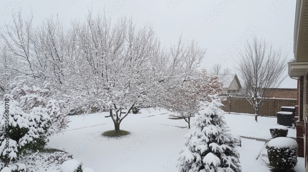 Poster snow-covered trees in a picturesque backyard landscape creating a serene winter wonderland scene wit