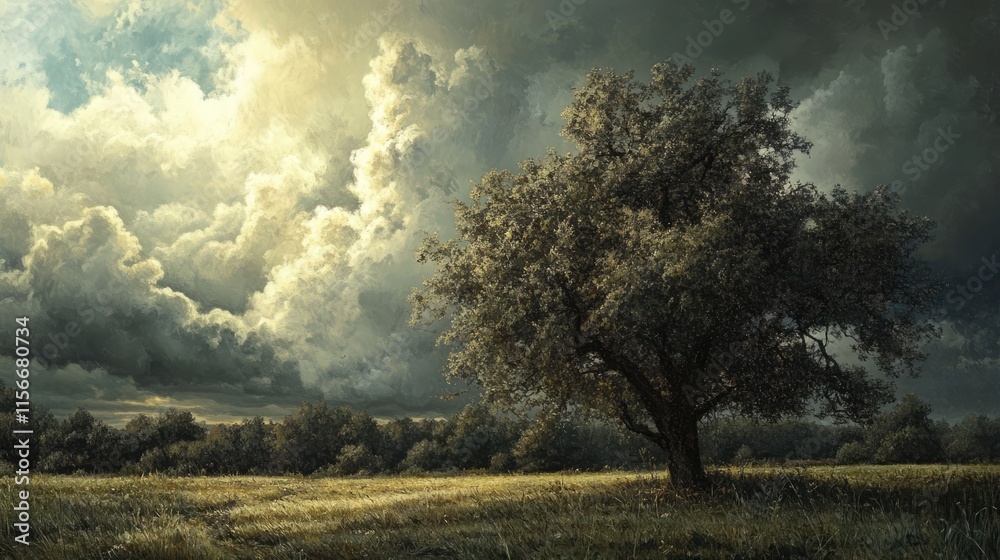 Poster majestic landscape with a solitary tree under a dramatic cloudy sky and sun setting over a serene fi
